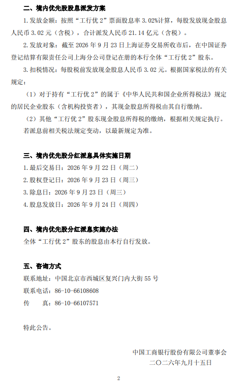 工商银行：拟派发“工行优2	”股息	，每股发放3.02元